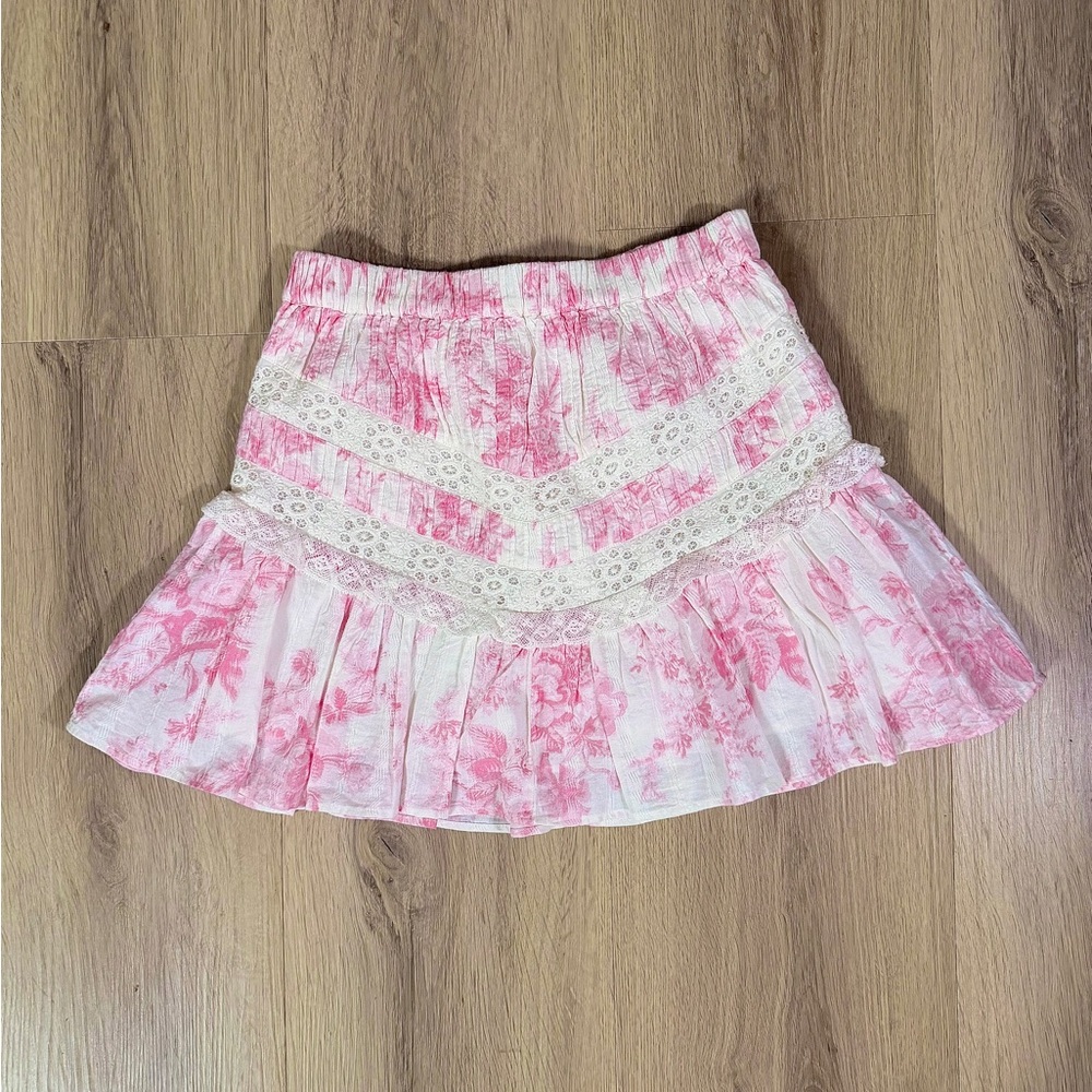 LoveShackFancy Pink and White Floral Mini Skirt